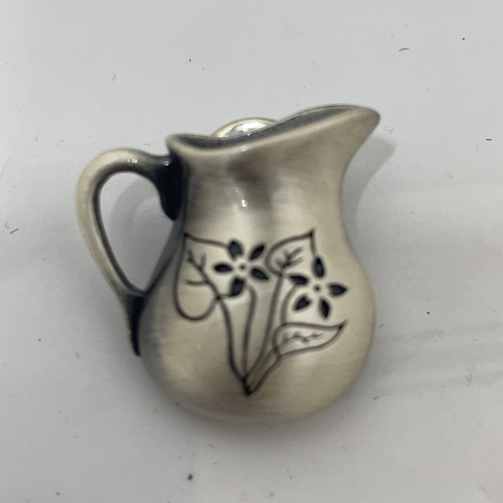 Tiny Pewter Pitcher Pin Brooch With Floral Design - Vintage Style Jewelry Piece